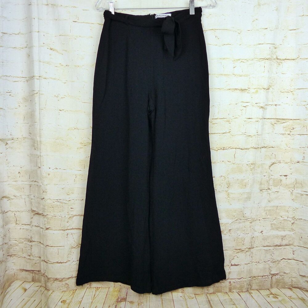 Reformation Pants Womens 8 Black Wide Leg High Rise Tie Belt Flowy Lined Boho